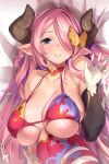  1girl bangs bare_shoulders bikini blush breast_press breasts butterfly_hair_ornament cleavage collarbone detached_collar draph elbow_gloves gloves granblue_fantasy hair_ornament hair_over_one_eye highres horns large_breasts long_hair looking_at_viewer narmaya_(granblue_fantasy) smile solo swimsuit thomasz upper_body 