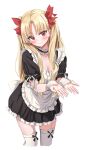  1girl apron bangs blonde_hair blush breasts chirang choker cleavage cropped_legs ereshkigal_(fate) fate/grand_order fate_(series) frilled_choker frills furrowed_brow garter_straps hair_ribbon head_tilt long_hair looking_to_the_side maid maid_apron open_hands red_eyes red_ribbon ribbon simple_background solo thighhighs two_side_up very_long_hair white_background white_legwear zettai_ryouiki 