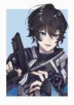  1boy axia_krone black_gloves black_hair black_nails black_scarf blue_eyes daph_nia english_commentary fingerless_gloves gloves gun handgun highres holding holding_gun holding_weapon looking_ahead male_focus nijisanji open_mouth pistol portrait scarf smile solo virtual_youtuber weapon 