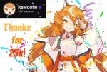  1girl animal_ears bangs breasts confetti english_commentary green_eyes head_tilt indie_virtual_youtuber jacket medium_breasts milestone_celebration moofie_(artist) moofie_(vtuber) off_shoulder open_hand orange_belt orange_hair salute smile solo streamers tiger_ears tiger_girl twitch.tv upper_body v-shaped_eyebrows virtual_youtuber white_jacket 