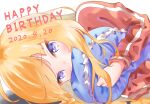  1girl bangs birthday blonde_hair blue_eyes blush commentary cushion dated english_text eyebrows_visible_through_hair face gabriel_dropout gabriel_tenma_white happy_birthday highres jacket long_hair long_sleeves looking_at_viewer lying object_hug on_side orange0150 pillow pillow_hug red_jacket shadow sidelocks solo white_background 