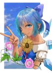  1girl absurdres blue_bow blue_dress blue_eyes blue_hair blush bow cirno cloud collarbone day dress flower hidden_star_in_four_seasons highres ice ice_wings kirie_kairi looking_at_viewer plant puffy_short_sleeves puffy_sleeves short_hair short_sleeves sky smile solo sunflower tan tanned_cirno touhou upper_body v vines wings 