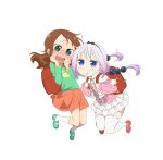  2girls :o backpack bag beads blue_eyes blush brown_hair capelet child flower forehead frilled_skirt frills gradient_hair green_footwear green_shirt hair_beads hair_flower hair_ornament hand_on_own_cheek hand_on_own_face hands_up highres holding_strap kanna_kamui key_visual kobayashi-san_chi_no_maidragon long_hair long_sleeves looking_at_viewer mary_janes multicolored_hair multiple_girls no_nose official_art open_mouth orange_skirt pink_hair print_shirt promotional_art puffy_sleeves purple_hair randoseru red_footwear saikawa_riko shirt shoes skirt slit_pupils socks thighhighs transparent_background wavy_mouth white_footwear white_legwear 