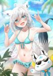  1girl absurdres ahoge animal_ears arms_up bangs bikini blurry blurry_background blush braid breasts cloud cloudy_sky commentary_request day earrings eyebrows_visible_through_hair fang fox_ears fox_girl fox_shadow_puppet fox_tail frilled_bikini frills green_bikini green_eyes hair_between_eyes highres hololive jewelry leaf long_hair looking_at_viewer mascot matudo_yuu navel ocean open_mouth outdoors shirakami_fubuki sidelocks single_braid skin_fang sky small_breasts sukonbu_(shirakami_fubuki) sunglasses swept_bangs swimsuit tail twin_braids virtual_youtuber white_hair 