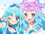  2girls blue_background blue_choker blue_eyes blue_hair blue_nails blue_theme blush choker commentary_request cure_la_mer cure_marine dress eyebrows eyebrows_visible_through_hair gradient gradient_background hair_ornament heart heart_hair_ornament heart_in_eye heartcatch_precure! kagami_chihiro kurumi_erika laura_(precure) long_hair magical_girl multicolored multicolored_eyes multicolored_hair multiple_girls nail_polish one_eye_closed open_mouth pearl_hair_ornament pink_hair precure puffy_sleeves smile symbol_in_eye thick_eyebrows tropical-rouge!_precure upper_body v white_dress white_sleeves 