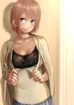  1girl absurdres blue_skirt blush breasts brown_eyes brown_hair cleavage closed_mouth highres jacket jewelry kirie_kairi looking_at_viewer medium_breasts medium_hair necklace original pleated_skirt skirt smile solo sweat sweater yellow_jacket yellow_sweater 
