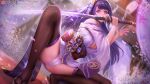  1girl bangs bare_shoulders black_legwear blurry blurry_background breasts cameltoe cleavage coattails commentary dutch_angle electricity english_commentary falling_petals flower genshin_impact hair_ornament holding holding_sword holding_weapon japanese_clothes katana kimono large_breasts long_hair long_sleeves mitsudomoe_(shape) open_mouth panties petals purple_eyes purple_flower purple_hair raiden_(genshin_impact) sandals sash solo spread_legs sword thighhighs tomoe_(symbol) turewindwalker underwear weapon wide_sleeves 