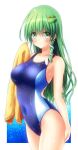  1girl arm_at_side bangs bare_arms bare_shoulders blue_swimsuit breasts collarbone commentary_request competition_swimsuit cowboy_shot eyebrows_visible_through_hair eyes_visible_through_hair frog_hair_ornament green_eyes green_hair hair_between_eyes hair_ornament highres holding holding_towel kochiya_sanae long_hair looking_at_viewer medium_breasts one-piece_swimsuit osashin_(osada) simple_background single_sidelock snake_hair_ornament solo swimsuit touhou towel water_drop wet 