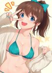  1girl :d aqua_bikini aqua_bow bangs bikini blue_eyes bow breasts brown_hair cardigan cleavage collarbone eyebrows_visible_through_hair hair_bow idolmaster idolmaster_million_live! idolmaster_million_live!_theater_days kamille_(vcx68) long_sleeves looking_at_viewer medium_breasts medium_hair navel off_shoulder open_cardigan open_clothes open_mouth ponytail satake_minako smile solo star_(symbol) stomach swimsuit upper_body v v_over_eye yellow_background 