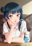  1girl absurdres bangs blue_hair blunt_bangs cafe cherry cup drinking_glass drinking_straw elbow_rest eyebrows_visible_through_hair facing_viewer food fruit hair_over_shoulder hair_tie head_rest highres ice_cream_cone indoors light_blush long_hair looking_to_the_side love_live! love_live!_sunshine!! multiple_straps oku_1225 open_mouth pink_eyes ponytail pov_across_table shadow shirt short_sleeves side_bun sitting solo strap table tsushima_yoshiko upper_body white_shirt 
