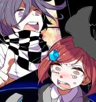  1boy 1girl bangs black_background black_headwear black_jacket black_scarf blush checkered checkered_scarf collared_shirt commentary_request danganronpa_(series) danganronpa_v3:_killing_harmony gem grey_shirt hair_ornament hairclip hat jacket jian_jing looking_at_viewer multicolored multicolored_clothes multicolored_scarf open_mouth ouma_kokichi pointing purple_eyes purple_hair red_hair scarf shiny shiny_hair shirt short_hair straitjacket tears teeth white_scarf white_shirt witch_hat yumeno_himiko 