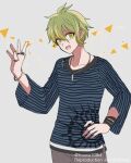  108_(toowa) 1boy :d amami_rantarou bangs bracelet collarbone commentary_request cowboy_shot danganronpa_(series) danganronpa_v3:_killing_harmony earrings green_eyes green_hair grey_background hair_between_eyes hand_on_hip hand_up jewelry looking_at_viewer male_focus necklace open_mouth pants ring shirt short_hair smile solo thumb_ring 