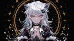  1girl absurdres animal_ears arknights bangs black_background commentary_request grey_eyes grin highres lappland_(arknights) lappland_(refined_horrormare)_(arknights) long_hair looking_at_viewer official_alternate_costume own_hands_together sheya silver_hair smile solo upper_body wolf_ears 