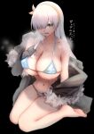  1girl anastasia_(fate) bangs bare_shoulders bikini blue_bikini blue_eyes blush breasts cleavage collarbone fate/grand_order fate_(series) fur-trimmed_jacket fur_trim grey_jacket hair_over_one_eye hairband highres jacket large_breasts long_hair long_sleeves looking_at_viewer navel nepodayo off_shoulder open_mouth silver_hair sitting solo swimsuit translation_request very_long_hair wariza 