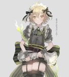  1boy akitama2727 antenna_hair apron bangs black_legwear blush bow closed_mouth crossdressing green_eyes green_hair grey_background grey_shirt hair_between_eyes hair_bow looking_at_viewer maid maid_apron maid_headdress otoko_no_ko pinocchio_(sinoalice) shirt short_hair short_sleeves simple_background sinoalice thighhighs thighs 