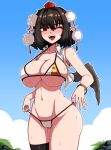  1girl ;d bikini black_hair blue_sky blush bracelet breasts cameltoe cleavage commentary_request formicid hair_ornament hat highres jewelry korean_commentary looking_at_viewer medium_hair micro_bikini mole mole_under_eye navel one_eye_closed open_mouth outdoors pointy_ears red_eyes shameimaru_aya single_thighhigh sky smile solo sweat swimsuit tears teeth thighhighs touhou vest wings 