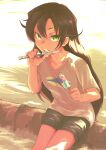  1girl beach black_hair black_shorts dappled_sunlight day fingernails flat_chest flipped_hair food food_in_mouth green_eyes highres holding holding_knife ice_cream knife legs_together licking licking_knife lily_(tyrone) long_hair looking_at_viewer original popsicle print_shirt shirt shorts sitting solo summer sunlight switchblade t-shirt tyrone upper_teeth 