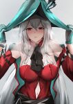  1girl aqua_gloves aqua_headwear arknights blush breasts clothing_cutout eyebrows_visible_through_hair gloves hat highres krirk large_breasts long_hair looking_at_viewer open_mouth red_eyes silver_hair skadi skadi_(arknights) skadi_the_corrupting_heart_(arknights) 