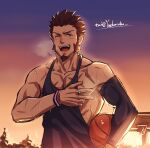  1boy alternate_costume bara basketball black_tank_top blue_eyes blush breath brown_hair clothes_pull facial_hair fate/grand_order fate_(series) goatee highres long_sideburns looking_at_viewer male_cleavage male_focus mature_male muscular muscular_male napoleon_bonaparte_(fate) nipples pectorals pulled_by_self scar scar_on_chest shirt_pull short_hair sideburns sidepec sky smile solo sunset sweat tank_top toned toned_male upper_body yaosan233 
