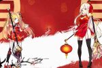  2girls blonde_hair blue_eyes breasts bun_cover china_dress chinese_clothes closed_mouth dress ejami high_heels lantern long_hair looking_at_viewer multiple_girls original pointy_ears smile thighhighs weapon white_hair 