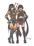  2girls :d ^_^ asaya_minoru breasts brown_legwear character_request closed_eyes covered_eyes crossed_legs facing_viewer gauntlets grey_footwear hand_on_hip hands_on_hips head_tilt kamura_(armor) medium_breasts monster_hunter_(series) monster_hunter_rise multiple_girls open_mouth simple_background smile standing thighhighs twitter_username white_background 