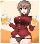  1girl absurdres alcohol bangs beer beer_mug black_panties breasts brown_eyes brown_hair closed_mouth commentary cup dress_shirt eyebrows_visible_through_hair girls_und_panzer highres holding holding_cup large_breasts long_sleeves looking_at_viewer mug nandemo_kanden nishizumi_maho no_pants orange_background panties red_shirt shirt short_hair smile solo standing thigh_gap underwear wing_collar 