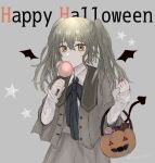  1boy akitama2727 bangs candy chocolate closed_mouth crossdressing demon_tail demon_wings food green_eyes green_hair grey_background grey_jacket grey_skirt hair_between_eyes halloween halloween_bucket holding holding_candy holding_food holding_lollipop jacket lollipop long_hair long_sleeves looking_at_viewer otoko_no_ko pinocchio_(sinoalice) shirt simple_background sinoalice skirt solo star_(symbol) tail twintails white_shirt wings 