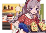  1girl apron baking_sheet bangs blouse border bottle bow braid character_request check_character commentary_request croquette eyebrows_visible_through_hair food_request grey_hair hair_bow hairband highres idolmaster idolmaster_shiny_colors indoors kitchen long_hair looking_at_viewer open_mouth outside_border oven oven_mitts pepper_shaker plate pot purple_eyes red_blouse red_bow red_hairband salt_shaker smile solo twin_braids uhouhogorigori white_border yuukoku_kiriko 