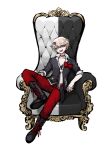  1boy :d absurdres bangs bear_hair_ornament black_choker black_footwear black_shirt blonde_hair blue_eyes boots bow chair choker collarbone cross-laced_footwear danganronpa:_trigger_happy_havoc danganronpa_(series) enoshima_junko full_body genderswap genderswap_(ftm) hair_ornament hairclip highres knee_up lace-up_boots leaning_back looking_at_viewer male_focus necktie no_(xpxz7347) open_mouth pants red_bow red_pants school_uniform shirt short_hair simple_background sitting smile solo white_background 