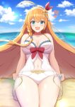  1girl :d ahoge bangs beach bikini blue_eyes blurry blurry_background blush bow braid breasts camisole cleavage cloud cloudy_sky collarbone commentary_request day eyebrows_visible_through_hair flower hair_flower hair_ornament halterneck headband heart highres huge_ahoge kumagitsune large_breasts long_hair looking_at_viewer navel ocean open_mouth orange_hair pecorine_(princess_connect!) princess_connect! red_bow scrunchie side_braid sidelocks sky smile solo stomach swimsuit thighs very_long_hair white_bikini white_camisole white_headband wrist_scrunchie 