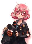  1girl black_headwear bright_pupils chloe_de_gervaise ezroseven food-themed_hair_ornament glasses hair_ornament hat hat_removed headwear_removed holding holding_clothes holding_hat pink_eyes pink_hair pumpkin_hair_ornament sekaiju_no_meikyuu shin_sekaiju_no_meikyuu_2 simple_background solo twintails upper_body white_background white_pupils witch_hat 