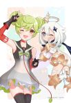  2girls :d ai-chan_(honkai_impact) arin_(1010_ssu) armpits bangs black_eyes black_gloves black_legwear boots company_connection crossover double_bun dress elbow_gloves floating genshin_impact gloves green_hair grin hair_between_eyes hair_ornament hairpin halo highres holding_finger honkai_(series) honkai_impact_3rd long_hair long_sleeves mihoyo_technology_(shanghai)_co._ltd. multiple_girls one_eye_closed open_mouth orange_eyes paimon_(genshin_impact) scarf see-through_dress short_sleeves smile tattoo teeth thighhighs thighs v white_dress white_footwear white_hair 