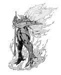  absurdres fiery_wings fire floating greyscale highres holding holding_sword holding_weapon ishiyumi looking_down magic_knight_rayearth mashin mecha monochrome no_humans rayearth_(character) solo sword weapon white_background wings 