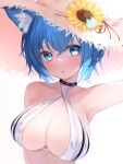  1girl absurdres animal_ear_fluff animal_ears animare bikini bikini_top blue_eyes blue_hair blush breasts cat_ears flower hair_ornament hat highres irisu-chan_(yumemiruk) large_breasts looking_at_viewer short_hair solo souya_ichika straw_hat sunflower swimsuit upper_body white_bikini 