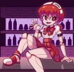  1girl android bob_cut bottle doll_joints dorothy_haze hairband joints kurt_robinson looking_at_viewer open_mouth red_eyes red_footwear red_hair red_neckwear red_skirt shirt sitting_on_bar skirt smile va-11_hall-a white_shirt 