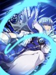  1boy blue_background blue_hair blue_lips brooch fairy_ranmaru:anata_no_kokoro_otasuke_shimasu fairy_wings feet_out_of_frame fighting_stance foreshortening gloves highres holding holding_whip ikenie18 jewelry looking_at_viewer male_focus seiren_uruu short_hair sidelocks solo whip white_gloves white_legwear wings 