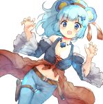  1girl :d animal_ears bangs bare_shoulders black_sleeves blue_eyes blue_hair blue_pants blush breasts claw_pose cleavage clothes_around_waist collarbone crop_top denim detached_sleeves eyebrows_visible_through_hair hair_ornament hairclip hands_up highres jeans juliet_sleeves long_sleeves looking_at_viewer medium_breasts navel nyama open_mouth pants ponytail puffy_sleeves show_by_rock!! simple_background smile solo spade_hair_ornament thigh_gap tsukino_(show_by_rock!!) v-shaped_eyebrows white_background wide_sleeves 