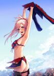  1girl american_flag_bikini applekun armpits arms_up ass asymmetrical_hair bangs bikini blue_eyes blue_sky blush breasts commentary day fate/grand_order fate_(series) flag_print hair_ornament hair_scrunchie highres large_breasts lips long_hair looking_at_viewer miyamoto_musashi_(fate) miyamoto_musashi_(swimsuit_berserker)_(fate) open_mouth outdoors pink_hair ponytail red_scrunchie scrunchie shrug_(clothing) sideboob sky smile swept_bangs swimsuit thighs tied_hair 