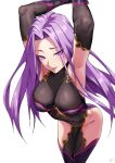 1girl absurdres armpits bleemjay breasts elbow_gloves fate/grand_order fate_(series) gloves highres large_breasts leotard long_hair looking_at_viewer medusa_(fate) medusa_(rider)_(fate) purple_eyes purple_hair simple_background solo white_background 