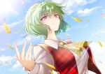  1girl absurdres ascot bangs blue_sky breasts closed_mouth cloud collared_shirt green_hair hair_between_eyes highres kazami_yuuka kinese_(katasutorohu) large_breasts long_sleeves looking_at_viewer outdoors plaid plaid_vest red_eyes red_vest shirt short_hair sky smile solo sun touhou upper_body vest white_shirt yellow_neckwear 