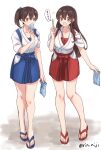  2girls adapted_costume akagi_(kancolle) blue_hakama brown_eyes brown_hair food full_body hakama hakama_skirt highres japanese_clothes kaga_(kancolle) kantai_collection long_hair multiple_girls popsicle red_hakama rin_(rin_niji) sandals side_ponytail simple_background standing tasuki white_background 