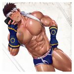  1boy abs artisticjinsky bara blush brown_eyes brown_hair bulge gloves headband highres large_pectorals looking_at_viewer male_focus male_pubic_hair muscular muscular_male nipples pectorals pubic_hair short_hair simple_background smile solo the_king_of_fighters the_king_of_fighters_&#039;97 thick_thighs thighs tongue tongue_out underwear yabuki_shingo 