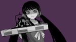 1girl bangs blunt_bangs crossbow danganronpa_(series) danganronpa_v3:_killing_harmony english_commentary hair_ornament hairclip harukawa_maki highres holding holding_weapon long_hair long_sleeves looking_at_viewer low_twintails parted_lips pastahands purple_background sailor_collar school_uniform serafuku shaded_face shirt simple_background solo teeth twintails upper_body weapon 