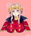  1girl artist_name breasts double_bun edelgard_von_hresvelg english_commentary eyebrows_visible_through_hair fire_emblem fire_emblem:_three_houses hair_ornament highres ivytooru large_breasts looking_at_viewer pink_background purple_eyes simple_background solo upper_body watermark white_hair 