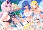  6+girls absurdres beach bikini black_hair blonde_hair blue_eyes blue_hair breasts cleavage cu-no day green_eyes green_hair highres hisen_kaede holding huge_filesize jewelry looking_at_viewer medium_breasts multiple_girls navel outdoors pink_hair purple_eyes red_eyes scan simple_background smile stomach swimsuit 