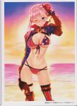  1girl absurdres american_flag_bikini asymmetrical_gloves asymmetrical_legwear bangs beach bikini blue_eyes blurry blurry_background breasts bun_cover cleavage eyebrows_visible_through_hair fate/grand_order fate_(series) flag_print front-tie_bikini front-tie_top gloves gradient gradient_sky hair_bun hair_ornament highres huge_filesize large_breasts looking_at_viewer matsuryuu miyamoto_musashi_(fate) miyamoto_musashi_(swimsuit_berserker)_(fate) navel ocean one_eye_closed outdoors parted_lips pink_hair scan shore shrug_(clothing) simple_background sky solo standing stomach sunset swimsuit thighs tied_hair water 