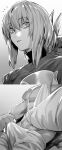  1boy 1girl absurdres bandages bangs braid braided_ponytail breasts bulge erection erection_under_clothes fate/grand_order fate_(series) florence_nightingale_(fate) folded_ponytail fujimaru_ritsuka_(male) greyscale highres hxd large_breasts long_hair long_sleeves military_jacket monochrome 