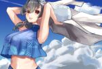  1girl bikini black_hair blue_bikini blue_sky breasts cloud hair_flaps hair_ornament hair_over_shoulder hairclip highres jacket jingei_(kancolle) kantai_collection large_breasts long_hair looking_at_viewer panda_(heart_sink) red_eyes sky solo swimsuit upper_body white_jacket 