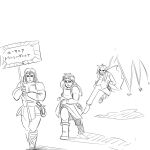  2020_summer_olympics 3boys castlevania castlevania:_aria_of_sorrow facial_hair greyscale headband holding holding_sign julius_belmont jumping meme monochrome multiple_boys mustache placard richter_belmont shadow sign simon_belmont simple_background sketch sleeveless speech_bubble translated turuga whip 