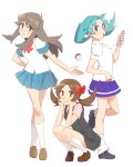  3girls alternate_costume black_dress blue_eyes blue_skirt bow bowtie brown_eyes brown_hair dress green_hair hair_bow highres kneehighs kris_(pokemon) leaf_(pokemon) looking_at_viewer loose_socks lyra_(pokemon) multiple_girls open_mouth pink_shirt poke_ball pokegear puffaluficus shirt skirt smile socks thighs white_legwear white_shirt 